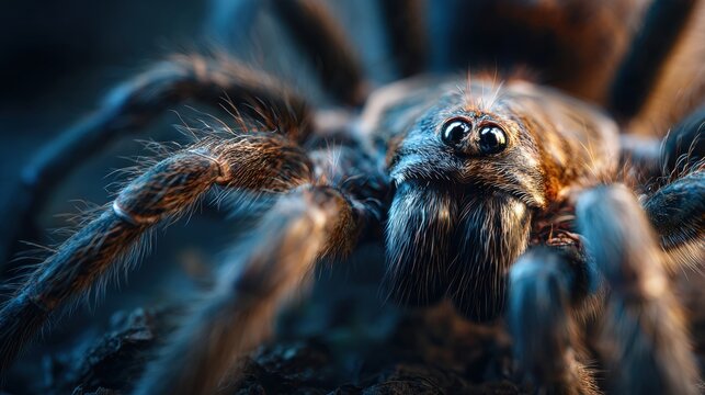 Intense macro shot reveals intricate details of a hairy spider's eyes and fuzzy legs, creating a captivating and slightly unnerving natural portrait.