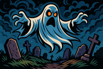 Crooked graveyard tombstones spooky drifting above vector ghost eyes scene illustration ghostly