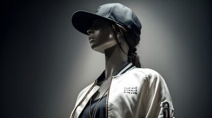Mannequin wearing a dark baseball cap, light bomber jacket, and gold chain necklace, showcasing urban streetwear fashion.