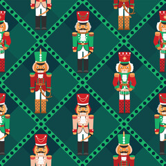 Christmas seamless pattern with nutcracker. Magical characters in uniform, with a saber, drum, and signal horn. Geometric background with diamonds and diagonal stripes. Vector design in flat colors.