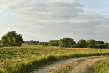 Chemin longeant un petit talus et les champs en fin de journée à Écaussinnes-d'Enghien (Soignies)
