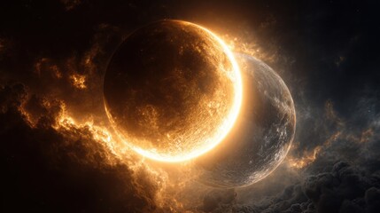 Fototapeta premium Stunning cosmic spectacle unfolds with two celestial bodies, one glowing intensely, set against a dramatic nebula backdrop