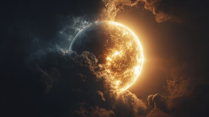 Dramatic celestial orb emerges from stormy clouds, glowing with intense golden light against a dark, mysterious sky