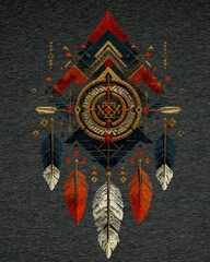 Modern Tribal Dreamcatcher Design with Intricate Gold Geometric Patterns and Colorful Feathers on Dark Textured Background