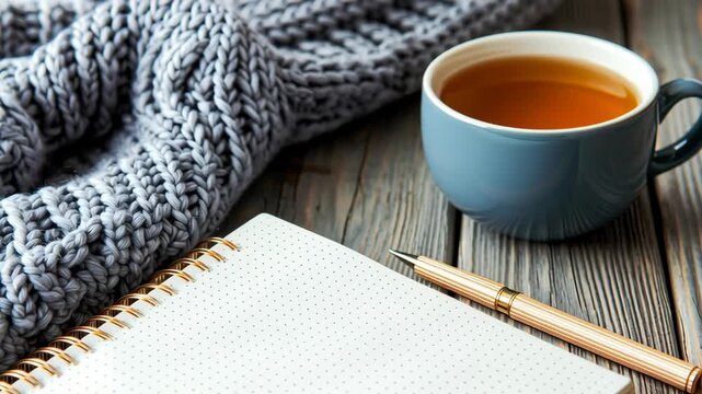 Cozy blanket warm tea ceramic cup spiral notebook gold pen wooden table soft texture morning light home office quiet mood calm morning relaxation