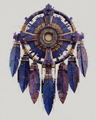 Futuristic Mechanical Dreamcatcher Geometric Digital Art with Blue and Gold Tones