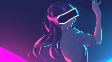 Anime girl experiences virtual reality with neon lights and virtual landscapes aesthetic