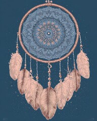 Bohemian dream catcher illustration with rose gold frame, intricate blue mandala, and decorative hanging feathers on a dark starry background.