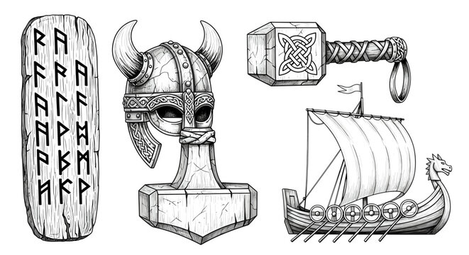 Bold Viking Icons: Norse Mythology Symbols, Helmets, Hammers, and Ships