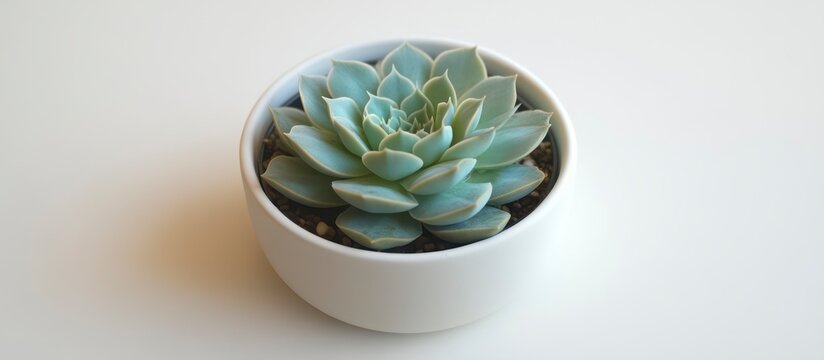 A succulent plant sits in a small white pot on a surface.
