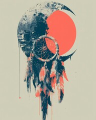 Abstract Dreamcatcher with Grunge Moon and Sun Celestial Design