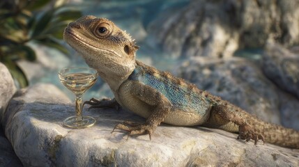 Obraz premium Charming lizard enjoys a sophisticated drink beside a tranquil blue water backdrop, perfect for nature or lifestyle themes.