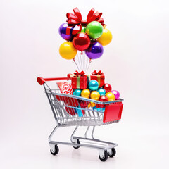 Shopping cart loaded with gifts and ornaments with colorful balloons tied above