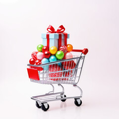 Shopping cart filled with various colorful ornaments and a blue gift box