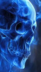A blue ethereal skull, rendered in smoky textures, emerges from a dark background