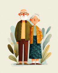 Happy elderly couple standing together, an illustration symbolizing love, companionship, and support in old age.