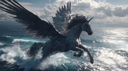 Majestic mythical Pegasus with powerful wings soars dynamically above crashing ocean waves under a dramatic sky.