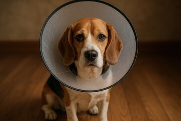 Beagle wearing cone at home during recovery after surgery in warm indoor setting with soft lighting