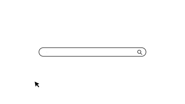 Animation of a cursor clicking a search bar and typing a query on a minimalist white background, online browsing, data retrieval, web navigation, or UI element.