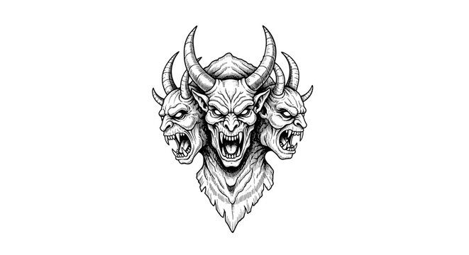 Intricate Ink Drawing of a Three-Headed Demon Ready to Strike