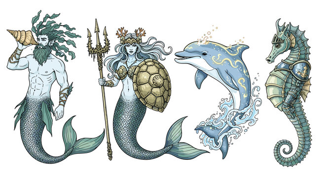Mythical Sea Creatures: Triton, Mermaid Queen, Dolphin, and Armored Seahorse