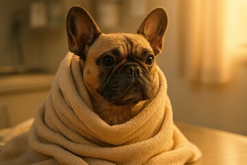 Cute French Bulldog wrapped in a soft blanket relaxing indoors during the evening light