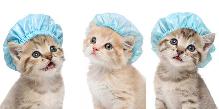 Adorable kittens wearing blue shower caps isolated on transparent background