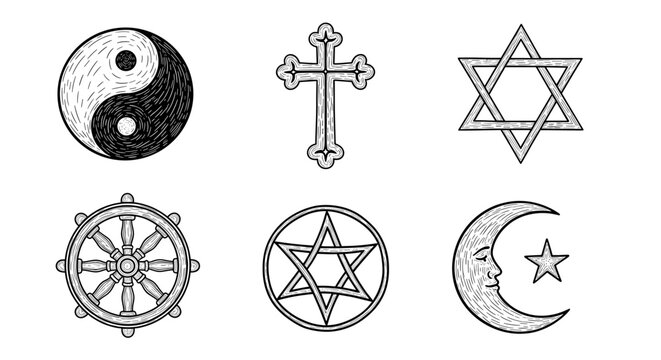 Diverse Religious Symbols on a White Background Depicted in Line Art