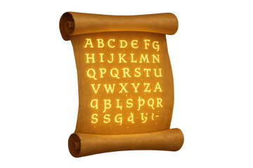 Parchment scroll displaying glowing magic alphabet letters