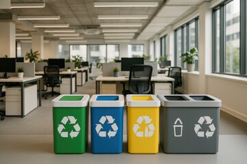 Recycling bins in a modern office space promoting sustainability and environmental awareness during working hours