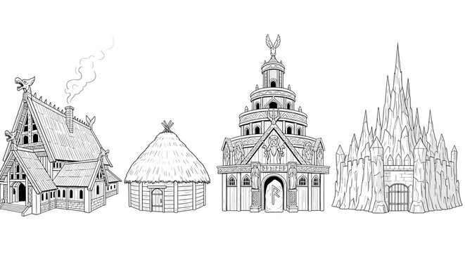 Fantasy Buildings Outlines: Viking Longhouse, Cottage, Temple, and Ice Palace