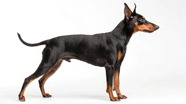 Manchester Terrier dog with sleek black coat, tan markings, and erect ears, standing on a clean white studio background, realistic purebred terrier portrait, sharp focus, professional lighting