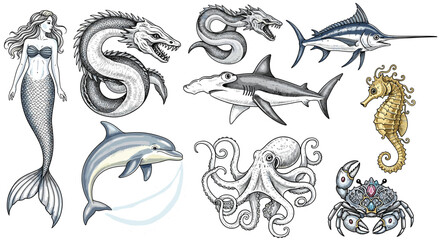 Fototapeta premium Collection of illustrated sea creatures including a mermaid and sea monsters