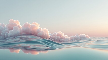 Abstract landscape with soft pink ethereal clouds reflecting on calm blue water at sunrise