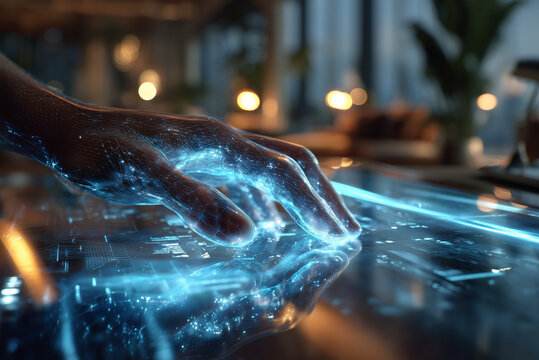 Artificial intelligence and business technology innovation with diverse people interacting with holographic interface, digital data, modern office workspace, AI future, human and machine collaboration - Powered by Adobe