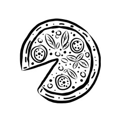 Hand-drawn pizza vector in simple outline style with pepperoni and toppings. Ideal for cafe menus, delivery ads, food festival graphics, and Italian cuisine designs.