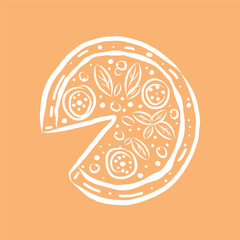 Vector pizza outline illustration with slice removed and pepperoni toppings. Suitable for pizza shop branding, cafe menu graphics, delivery service ads, and posters.