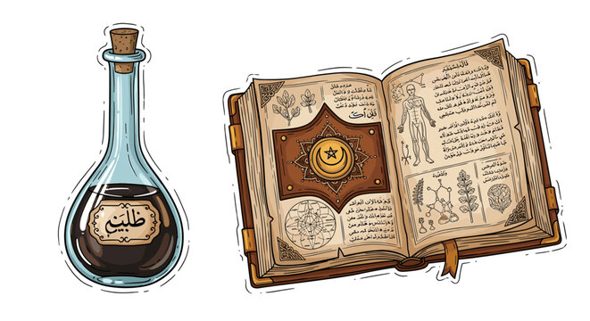Ancient bottle and magical book illustration with Arabic text and drawings