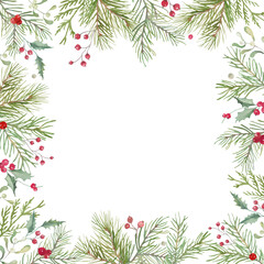  Watercolor Christmas Frame. Hand-Painted Illustration with Pine Branches, Holly Leaves, Red Berries, and Winter Greenery.. Vector EPS.