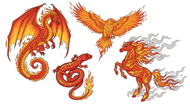 Mythical Fire Creatures: Dragon, Phoenix, Salamander and Horse Illustration