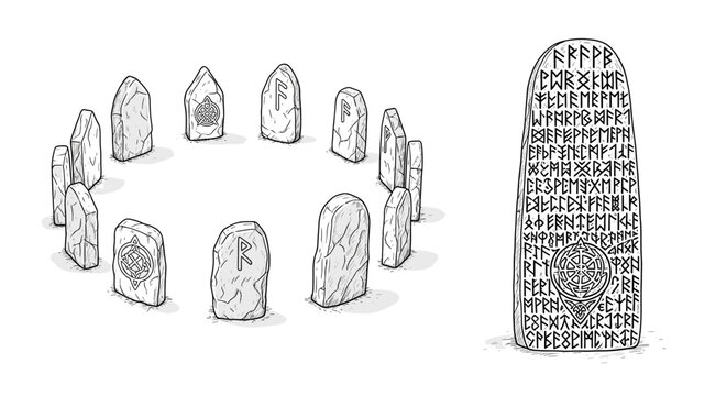 Ancient Rune Stones: A mystic circle and inscribed tablet illustration.