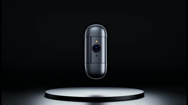 Visualization of a compact camera shows its casing, circuit board, battery, lens, and internal modules assembling into a complete device above a black platform