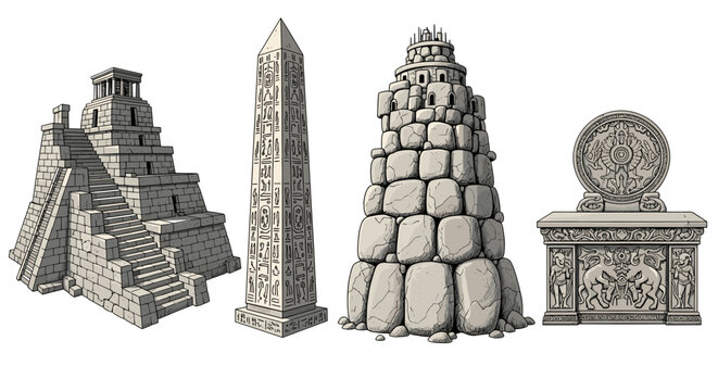 Historical stone monuments line up in this artistic rendering