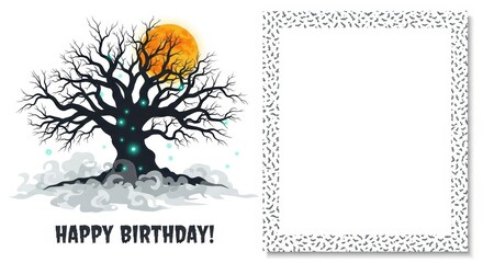 Halloween-themed birthday card design with tree and moon  