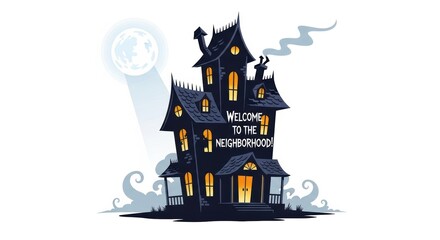 Spooky haunted house illustration with moonlit background  
