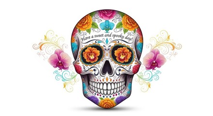 Colorful decorative skull with floral patterns and butterflies  