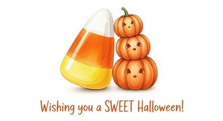 Halloween-themed candy corn and pumpkin stack illustration  