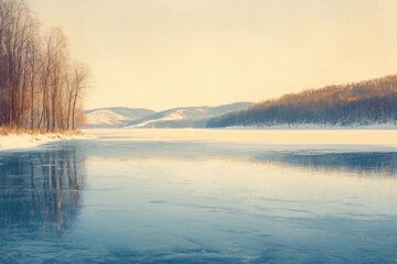 A serene winter landscape showcases a partially frozen lake reflecting bare trees and distant snow-dusted mountains under a soft, warm sky.