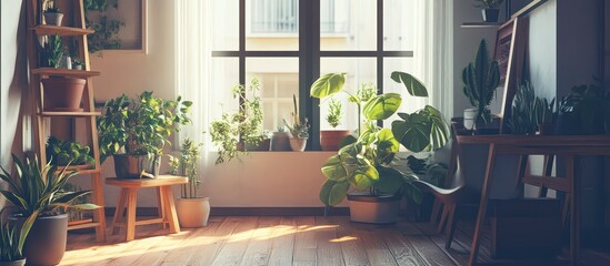 Fototapeta premium Modern loft interior with plants and natural light from large window