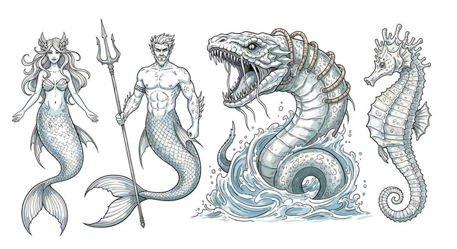 Mystical sea creatures including a mermaid, merman, serpent, and seahorse